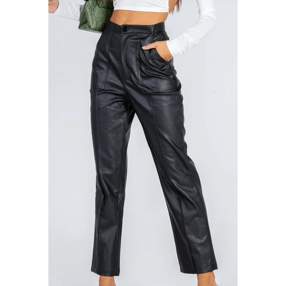 Princess Polly Black Leather Pants - Picture 1 of 8